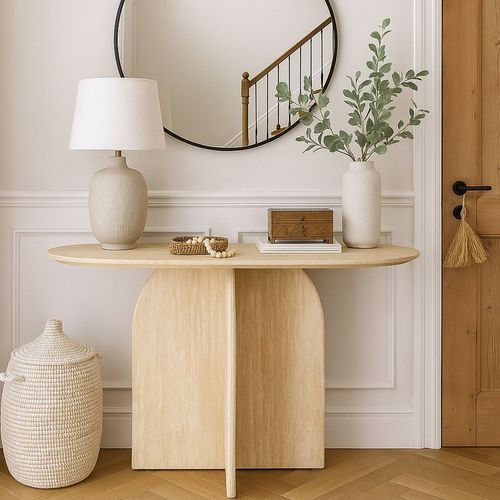 Console Moderne Ovale 120cm Calyptus Effet Travertin Beige