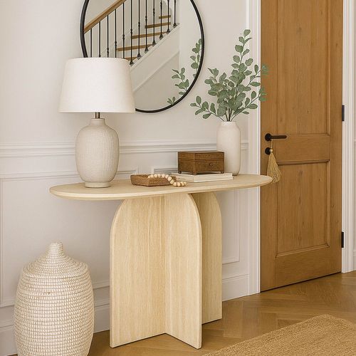 Console Moderne Ovale 120cm Calyptus Effet Travertin Beige