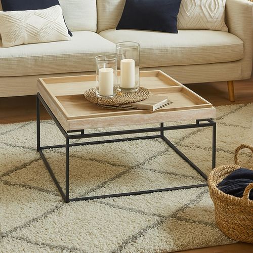 Table Basse Carrée Avec Plateau Compartimenté Réversible 80x80cm Duplix Effet Travertin Beige