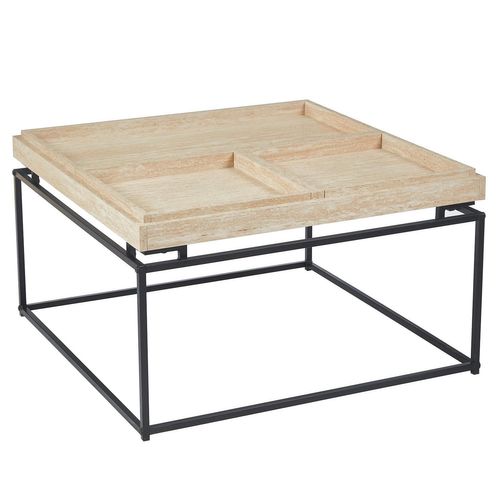 Table Basse Carrée Avec Plateau Compartimenté Réversible 80x80cm Duplix Effet Travertin Beige