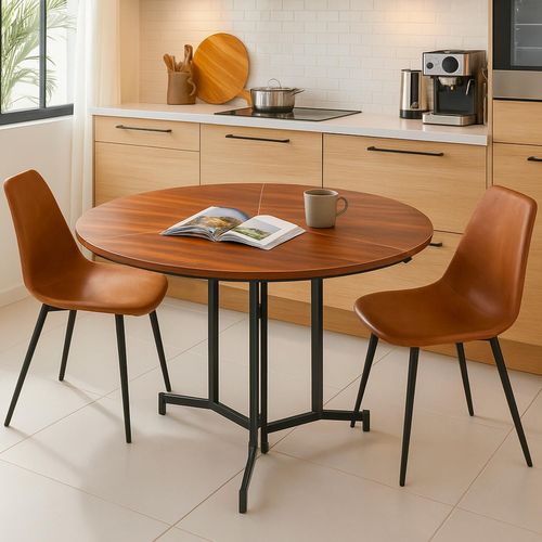 Table Ronde Pliable Gain De Place Cokelio 120cm Métal Et Plateau 3 Parties Bois Noisette