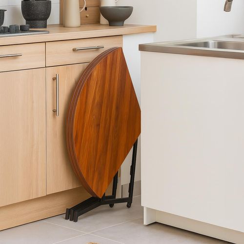 Table Ronde Pliable Gain De Place Cokelio 120cm Métal Et Plateau 3 Parties Bois Noisette