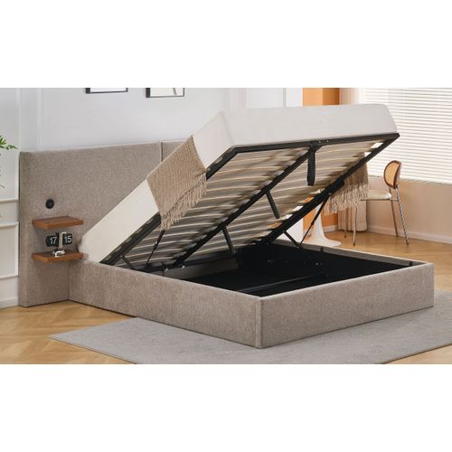 Lit-coffre Complet Avec Tablettes Et Ports USB Intégrés Lukas 140x190cm Tissu Taupe Clair