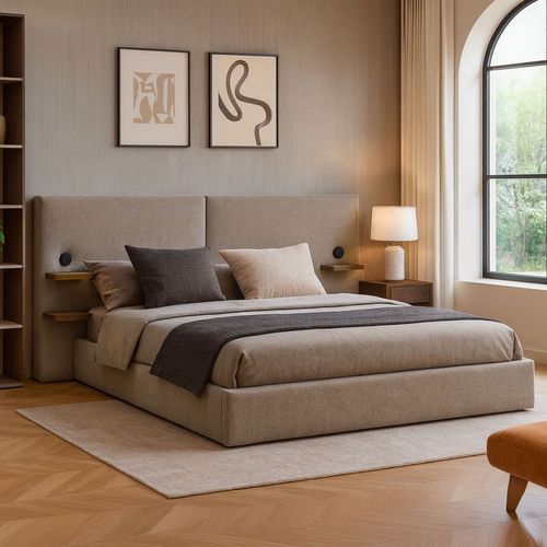 Lit-coffre Complet Avec Tablettes Et Ports USB Intégrés Lukas 140x190cm Tissu Taupe Clair