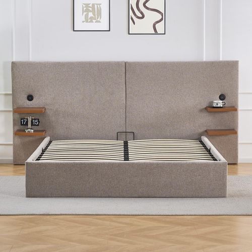 Lit-coffre Complet Avec Tablettes Et Ports USB Intégrés Lukas 140x190cm Tissu Taupe Clair