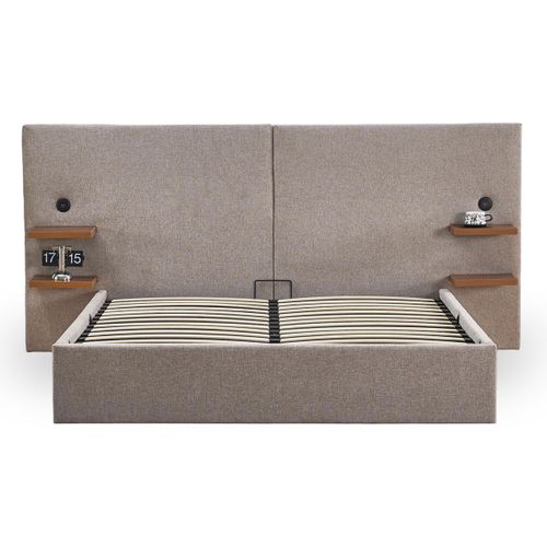 Lit-coffre Complet Avec Tablettes Et Ports USB Intégrés Lukas 140x190cm Tissu Taupe Clair