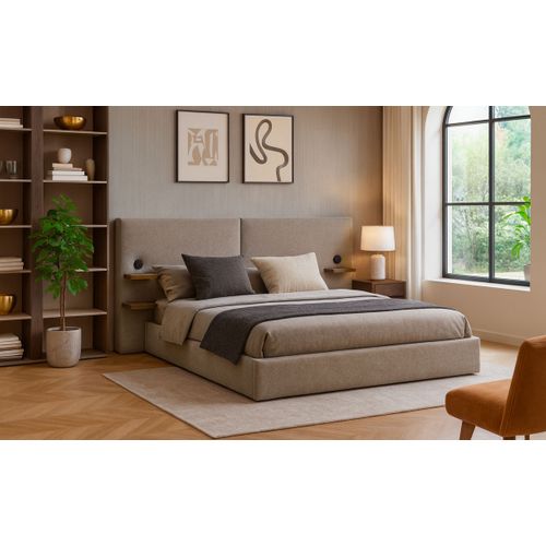 Lit-coffre Complet Avec Tablettes Et Ports USB Intégrés Lukas 140x190cm Tissu Taupe Clair
