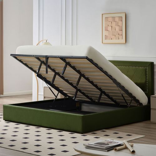 Lit Coffre Sandiego Avec Sommier Relevable 180x200cm Et Tête De Lit Cloutée Velours Kaki