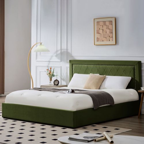 Lit Coffre Sandiego Avec Sommier Relevable 180x200cm Et Tête De Lit Cloutée Velours Kaki