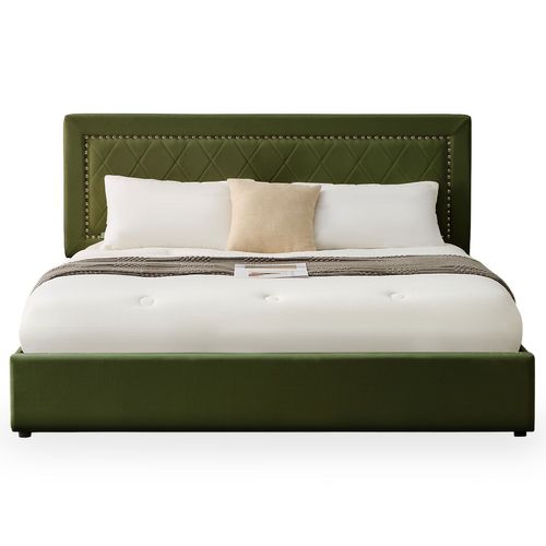 Lit Coffre Sandiego Avec Sommier Relevable 180x200cm Et Tête De Lit Cloutée Velours Kaki