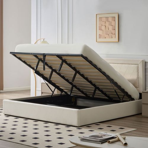 Lit Coffre Sandiego Avec Sommier Relevable 180x200cm Et Tête De Lit Cloutée Velours Beige Clair