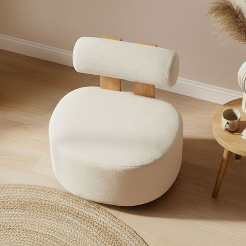 Fauteuil Design Canelo Bois Clair Et Tissu Bouclette Crème