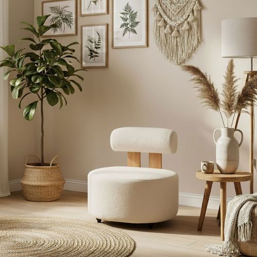 Fauteuil Design Canelo Bois Clair Et Tissu Bouclette Crème