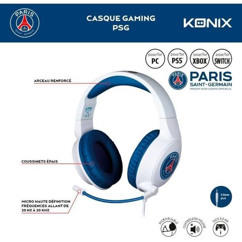 Casque Gaming Filaire - PC, PS4, Ps5, Switch, Xbox - Micro 45° - Câble 1,5 M - Blanc Et Bleu