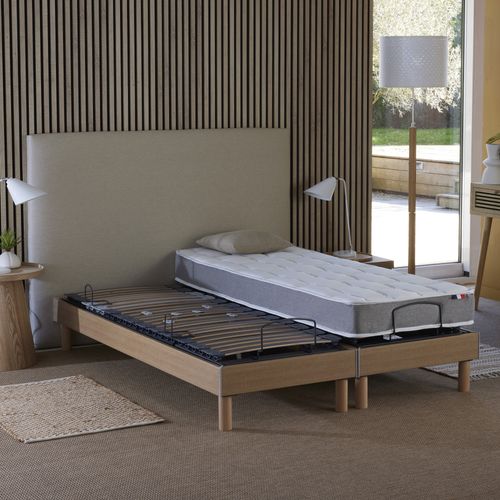 Lit Électrique De Relaxation Multi Lattes Chêne Clair + Matelas Mousse Hr35 180x200 cm