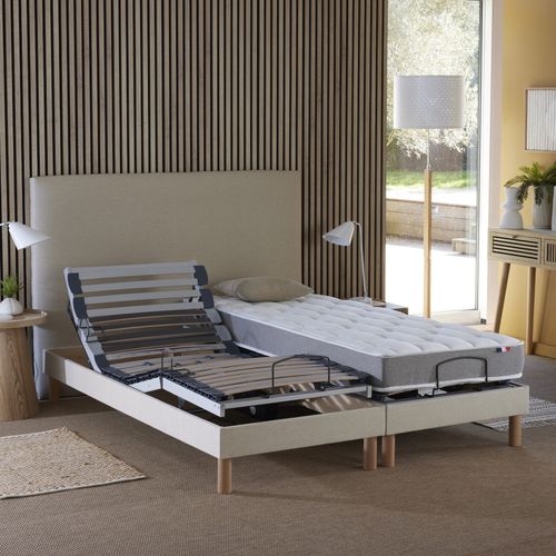 Lit Électrique Relaxation Lattes + Matelas Mousse Mémoire De Forme X190beige, 2x80 X 200