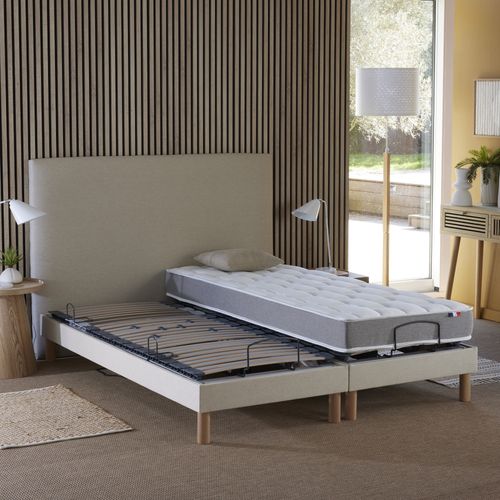 Lit Électrique Relaxation Lattes + Matelas Mousse Mémoire De Forme X190beige, 2x80 X 200