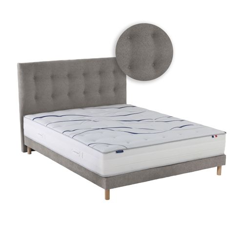 Ensemble Matelas Mousse HD Nuvia + Sommier + Tête De Lit Chenille Bouclettes Gris Clair 140x190