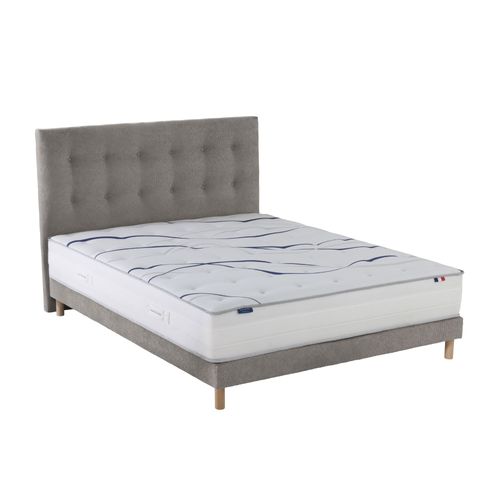 Ensemble Matelas Mousse HD Nuvia + Sommier + Tête De Lit Chenille Bouclettes Gris Clair 140x190