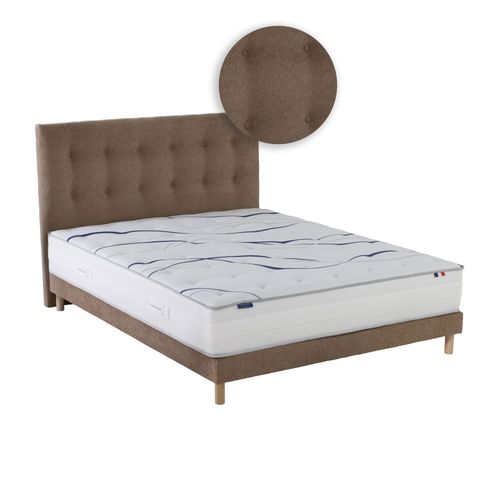 Ensemble Matelas Mousse 140x200 cm Memoria + Sommier + Tête De Lit Chenille Bouclettes Moka