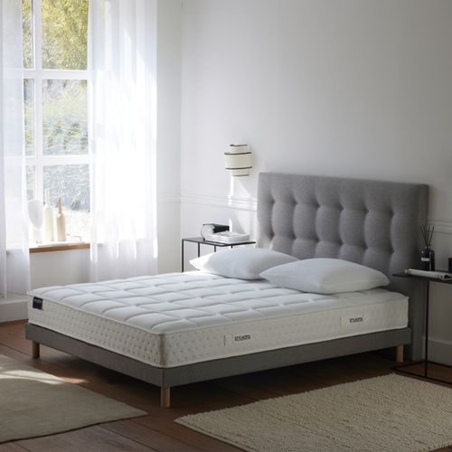 Ensemble Matelas Ressorts 7 Zones H 22 Cm + Sommier En Kit + Tete De Lit Capitonnee Gris 180x200