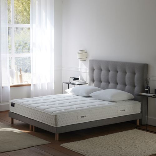 Ensemble Matelas Ressorts 7 Zones H 22 Cm + Sommier Lattes + Tete De Lit Capitonnee Gris 2x80x200
