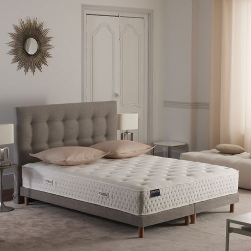 Ensemble Matelas Ressorts Tudor 7 Zones H 26 Cm + Sommier + Tete De Lit Capitonnee Gris 2x80x200