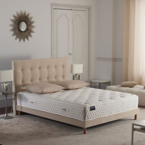 Ensemble Matelas Ressorts 7 Zones H 26 Cm + Sommier Lattes + Tete De Lit Capitonnee Beige 140x190
