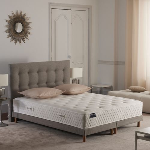 Ensemble Matelas Ressorts 7 Zones H 26 Cm + Sommier Lattes + Tete De Lit Capitonnee Gris 2x80x200