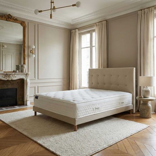 Ensemble Matelas Ressorts Hybride Zoné H 29 Cm + Sommier + Tete De Lit Capitonnee Beige 140x200