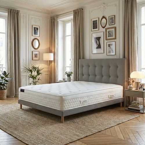 Ensemble Matelas Ressorts Hybride Zoné H 29 Cm + Sommier + Tete De Lit Capitonnee Gris 140x200