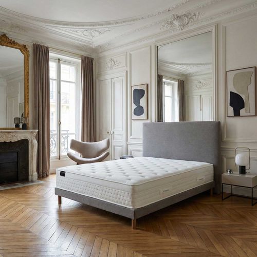 Ensemble Matelas Ressorts Hybride Zoné H 29 Cm + Sommier Kit Lattes + Tete De Lit Lisse Gris 140x200