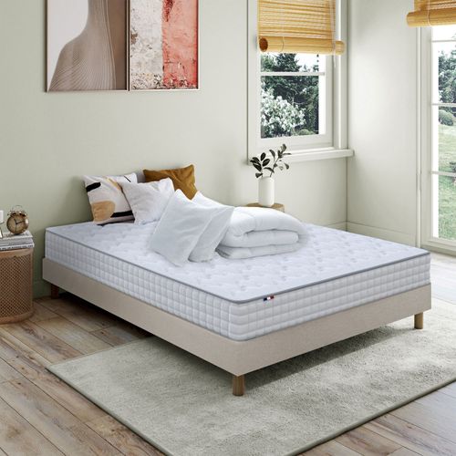 Pack Matelas Ressorts Astre + Sommier Kit Beige + Couette Et Oreillers 140x200
