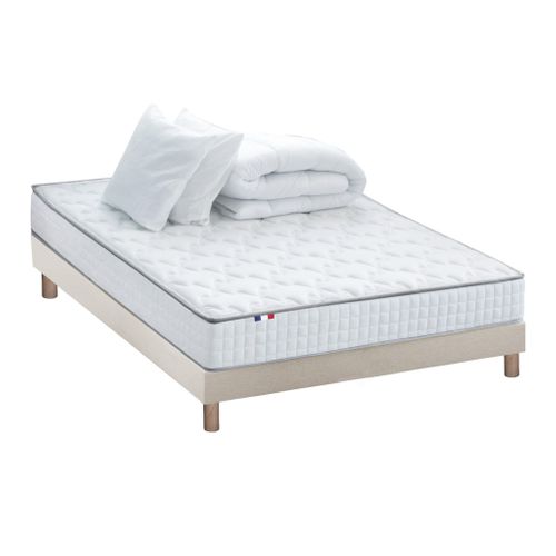 Pack Matelas Ressorts Astre + Sommier Kit Beige + Couette Et Oreillers 140x200