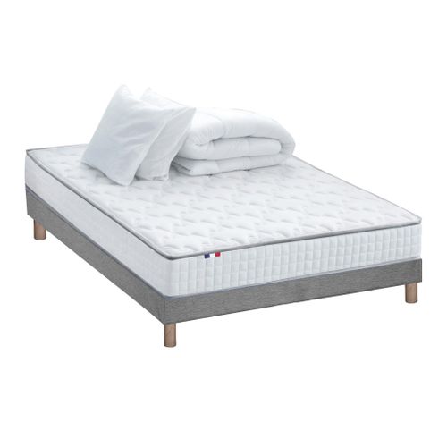 Pack Matelas Ressorts Astre + Sommier Kit Gris + Couette Et Oreillers 140x190