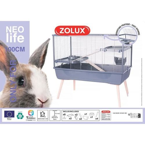 Cage Rongeur Surélevée - Néolife - 2 Étages Pour Lapin - 99 X 54 X 92 Cm - Gris