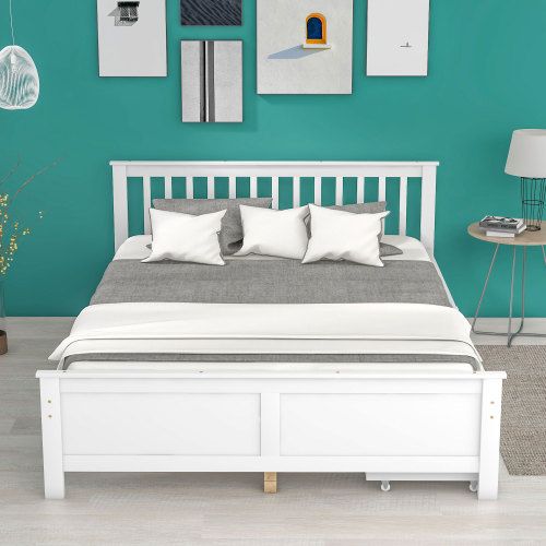 Lit Double En Bois De Pin Massif 140x200, Avec Tiroirs De Rangement, Structure Blanche