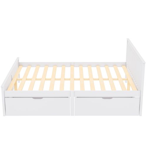 Lit Double En Bois De Pin Massif 140x200, Avec Tiroirs De Rangement, Structure Blanche