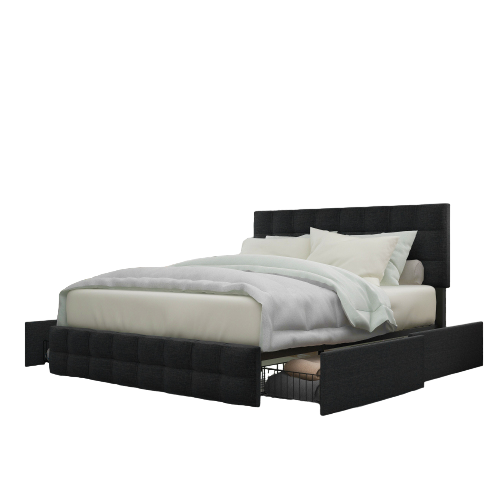 Lit Double Capitonné 140 X 200 Cm Velours, Avec Sommier à Lattes Et Dossier, Avec 4 Tiroirs