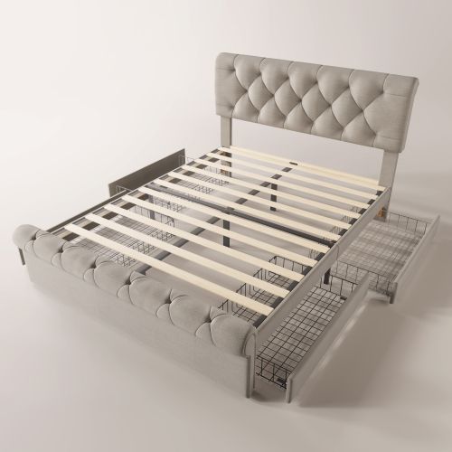 Lit Double Avec 4 Tiroirs, Rembourré 140x200, Tête De Lit Réglable, Chesterfield, Gris