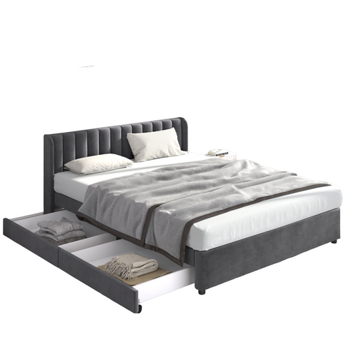 Lit Double Capitonné 180 X 200 Cm En Velours, Cadre  à Lattes Avec Dossier Et 2 Tiroirs, Gris
