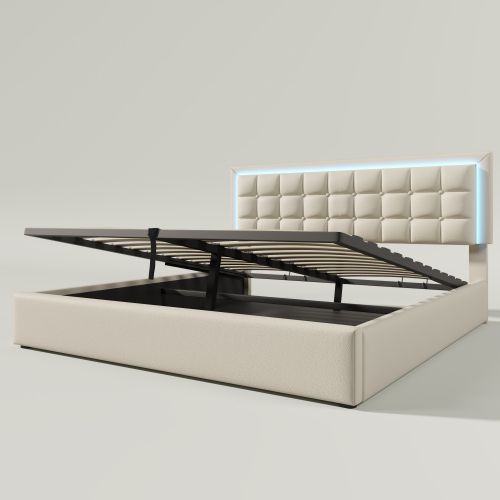 Lit Double Rembourré 180x200 Avec Sommier à Lattes, Espace De Rangement Et LED, En Simili Cuir Blanc