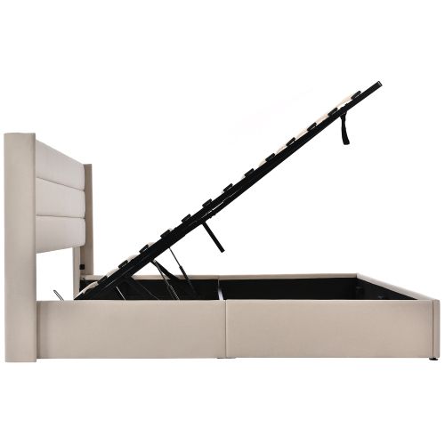 Lit Double Capitonné Avec Coffre Hydraulique 140x200cm, En Lin, Beige