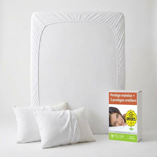 Lot Protection Literie : Protège-matelas 160x200 + 2 Taies D'oreiller 65x65 - Bouclette Coton