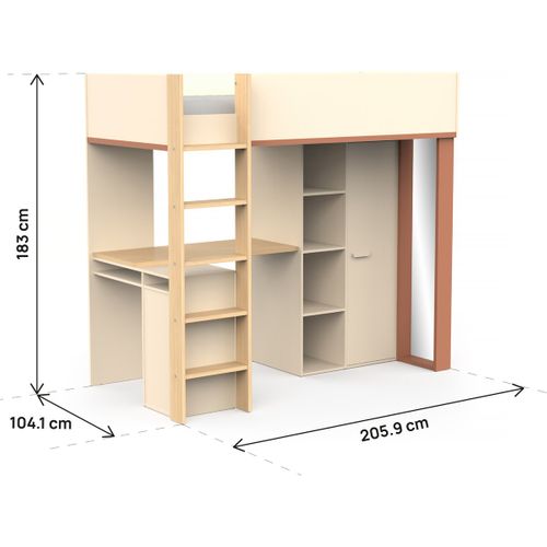 Lit Enfant Mezzanine Avec Bureau "camillia" - 90 X 200 Cm - Terracotta