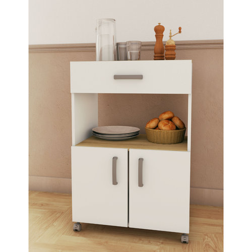 Desserte De Cuisine 2 Portes 1 Tiroir Effet Chêne Et Blanc L59,6 Cm