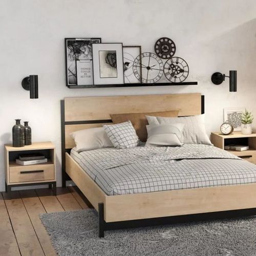 Lit Double 160x200 Cm Craft Noir Et Bois