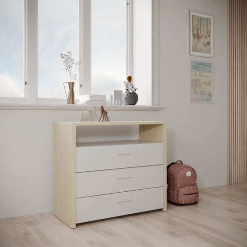 Commode 3 Tiroirs Et 1 Niche Décor Blanc Et Chêne De Fil L93 Cm