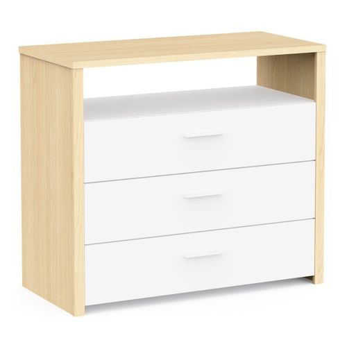 Commode 3 Tiroirs Et 1 Niche Décor Blanc Et Chêne De Fil L93 Cm