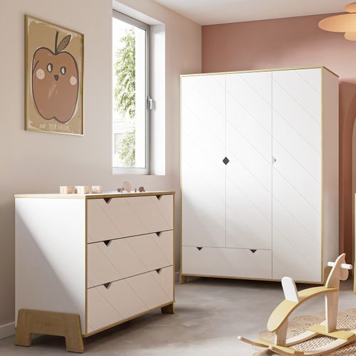 Armoire 3 Portes Et 1 Tiroir Décor Blanc Et Chêne Hamilton H188,1 Cm